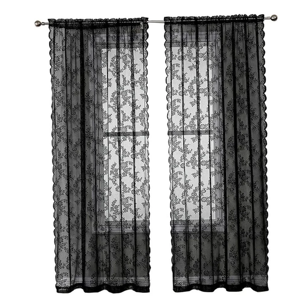 Agger Vorhang Transparent, Floral, Spitze Rüschen, Schwarz, 100x100 cm (2er-Set)