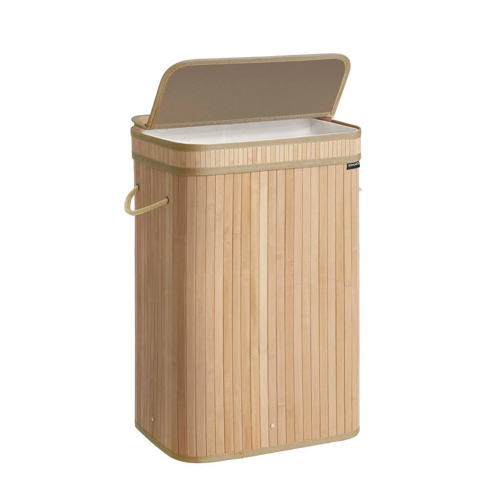 SONGMICS Wäschekorb mit Deckel, Bambus, 72L, 32,5x42,5x61 cm, maschinenwaschbar